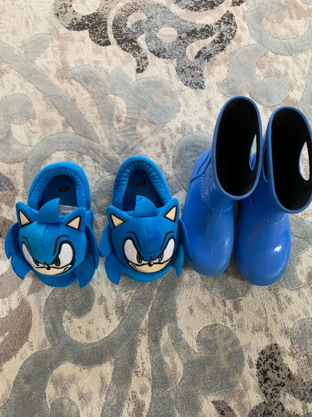UGG blue kids rain boots and H&M Blue Sonic Character Slipper  CCO